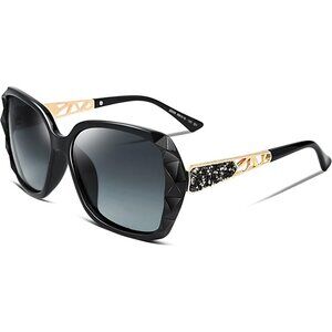 Women's Black Crystal Square Sunglasses Sparkling Composite Shiny Frame Design